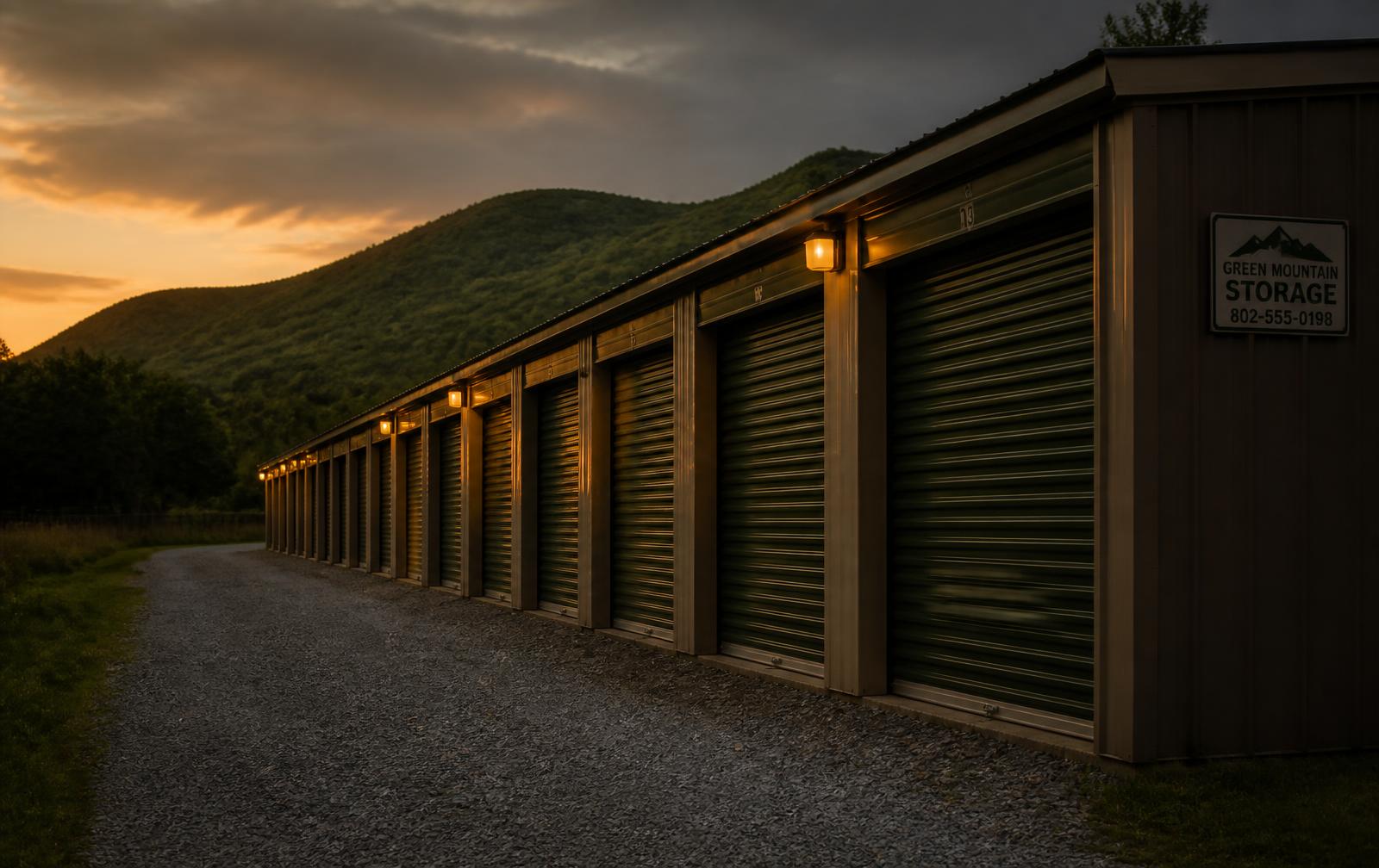 Row of storage units at dusk in Johnson, Vermont